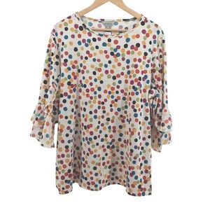 Multiples Womens Size 1X Multicolor Polka Dot‎ Ruffle Bell Sleeve Top Stretch